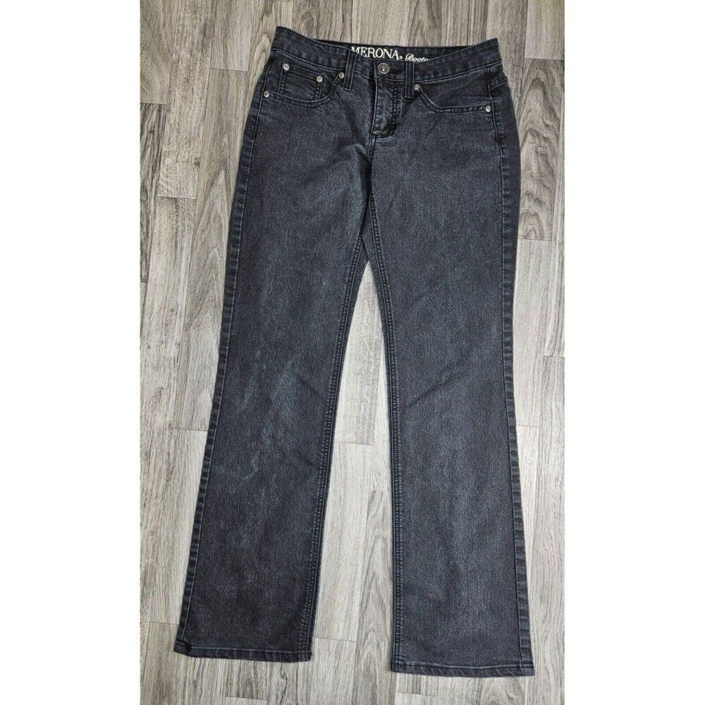 Merona‎ Womens Size 4 Regular Fit 4 Bootcut Embroidered Studs Black Grey Jeans